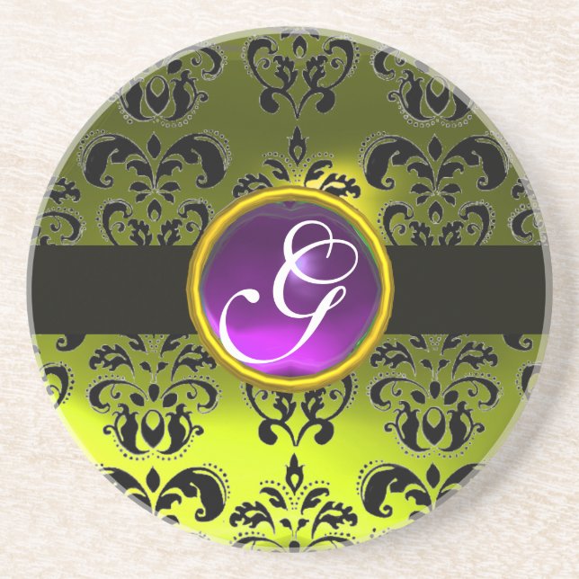 BLACK AND YELLOW DAMASK  Purple Amethyst Monogram Coaster (Front)