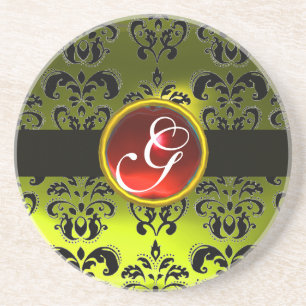 BLACK AND YELLOW DAMASK Red Ruby Monogram Coaster