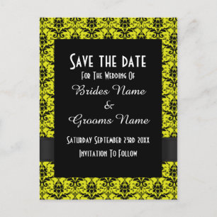 Black and yellow damask save the date announcement postcard