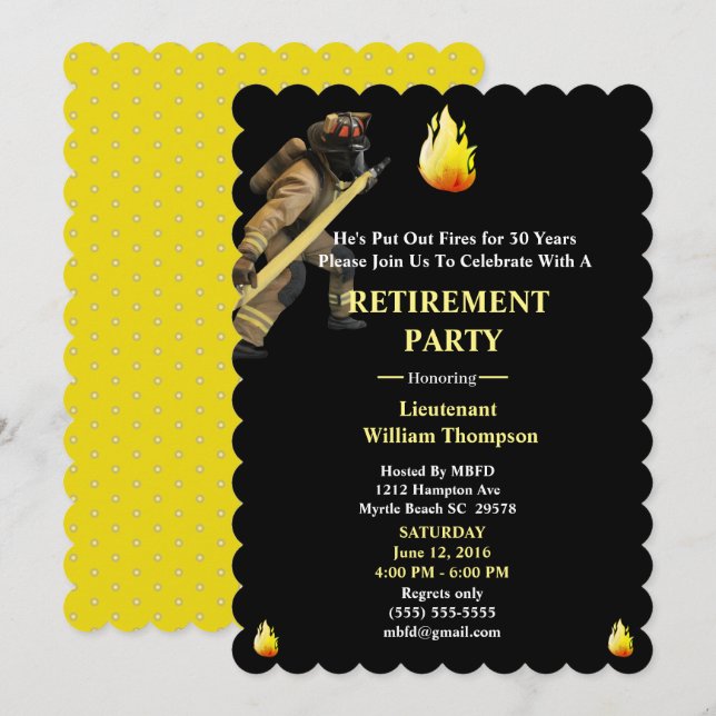 Black and Yellow Firefighters Retirement Party  Invitation (Front/Back)