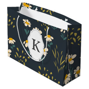 Black and Yellow Floral Monogram  Large Gift Bag