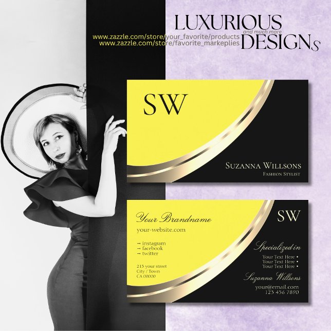 Black and Yellow Gold Decor with Monogram Modern Business Card (Creator Uploaded)