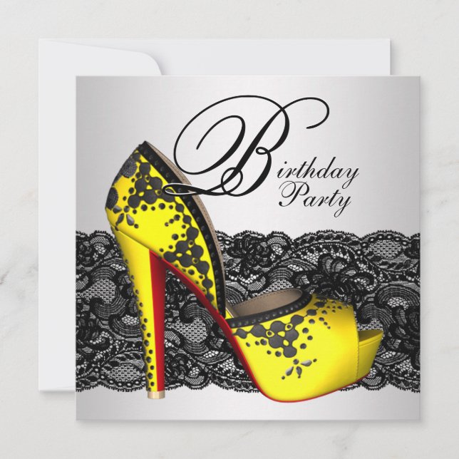 Black and Yellow High Heel Shoe Birthday Party Invitation (Front)