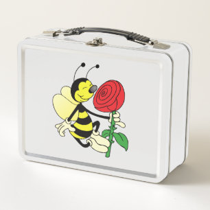 Black and yellow hornet wasp bee with a red rose metal lunch box