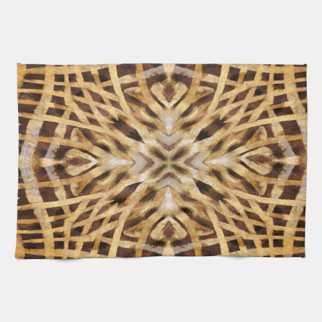Black and yellow kaleidoscope fur pattern tea towel (Horizontal)