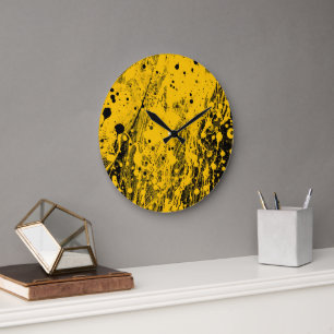 Black and Yellow Paint Splashes Large Clock