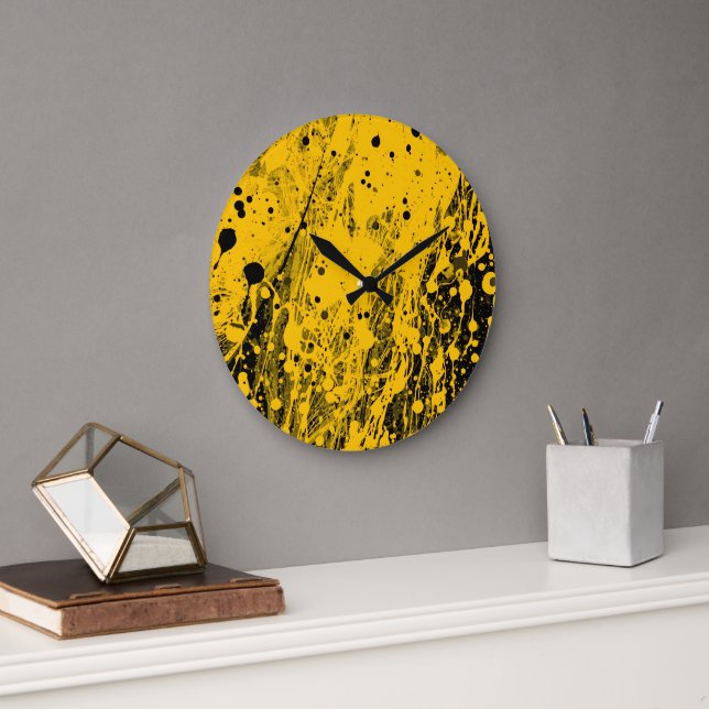 Black and Yellow Paint Splashes Large Clock (Office)