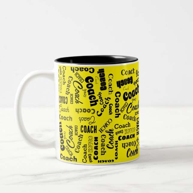 Black and Yellow Personalised Coach Gift Name Art Two-Tone Coffee Mug (Left)