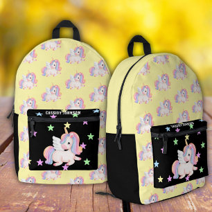 Black and yellow rainbow unicorn name printed backpack