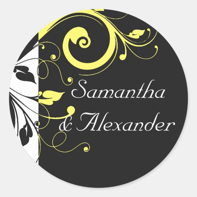 Black and Yellow Reverse Swirl Classic Round Sticker (Front)