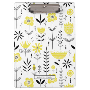 Black and Yellow Scandinavian Floral Pattern Clipboard