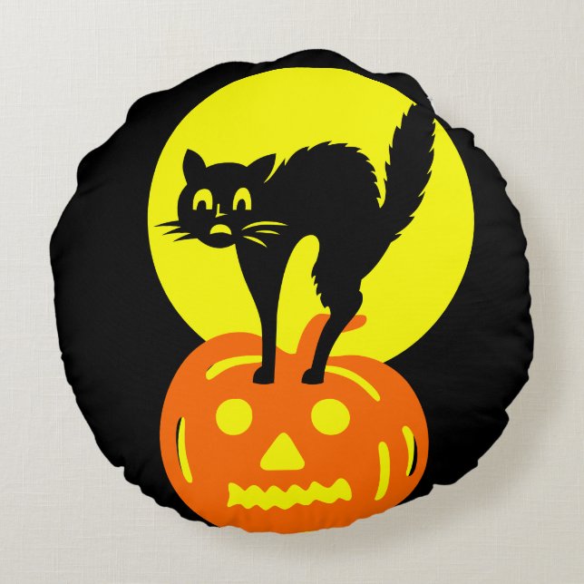 Black and Yellow skulls Pumpkin Cat Halloween Round Cushion (Back)