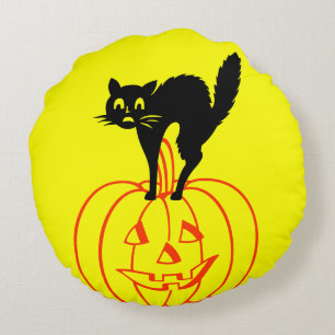 Black and Yellow skulls Pumpkin Cat Halloween Round Cushion