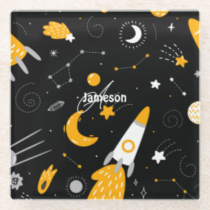 Black and Yellow Stars, Moon Outer Space Rocket Glass Coaster