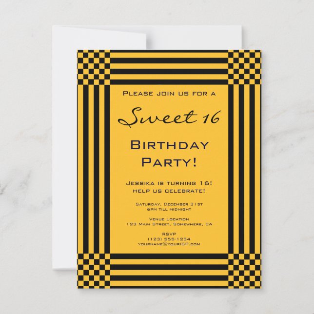 Black and Yellow Stripes Sweet 16 Birthday Party Invitation (Front)