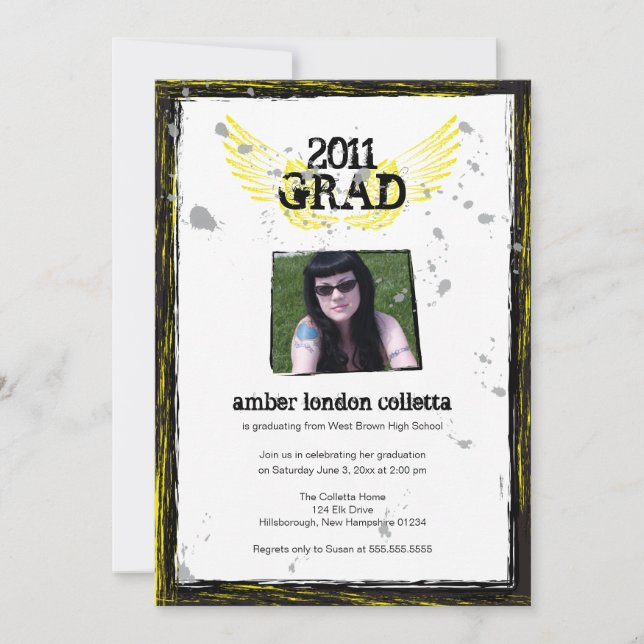 Black and Yellow Wings Grunge Graduation Invitation (Front)