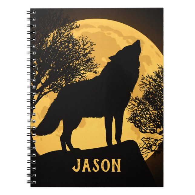 Black and Yellow Wolf and Full Moon Notebook (Front)