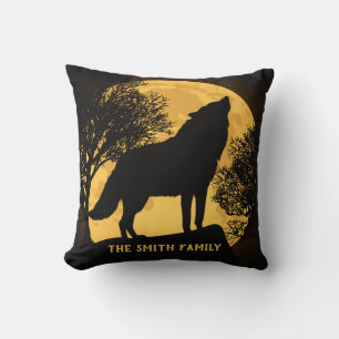Black and Yellow Wolf and Full Moon Throw Pillow