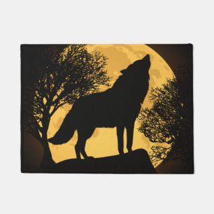 Black and Yellow Wolf Full Moon Doormat