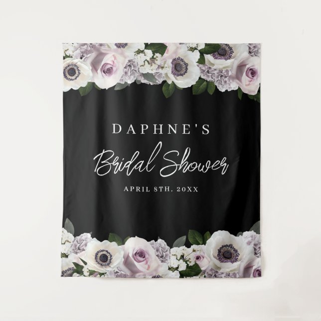 Black Anemone and Purple Floral Shower Backdrop Tapestry (Front)
