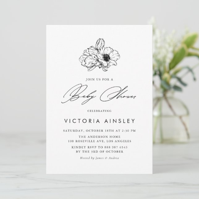 Black Anemone Modern Floral Baby Shower Invitation (Standing Front)