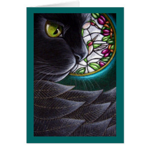 BLACK ANGEL CAT - STAINED GLASS WINDOW 4 Card