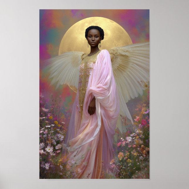 Black Angel Goddess Art Print: Pink Gold Floral Poster (Front)