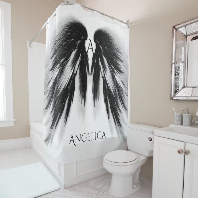 Black Angel Wings Monogram Shower Curtain (In Situ)