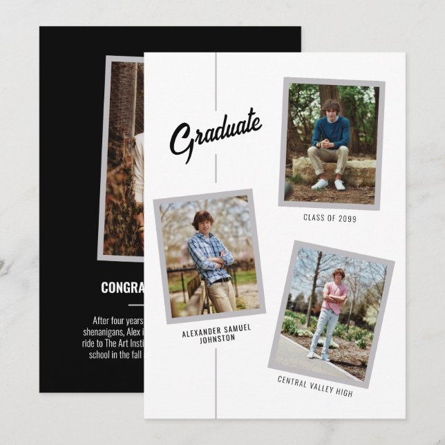 Black Angled Four-Photo Graduation Announcement (Front/Back)