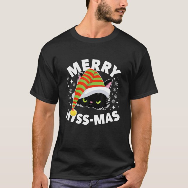 Black Angry Cat Merry Hiss Mas Cute Cats Funny Pun T-Shirt (Front)