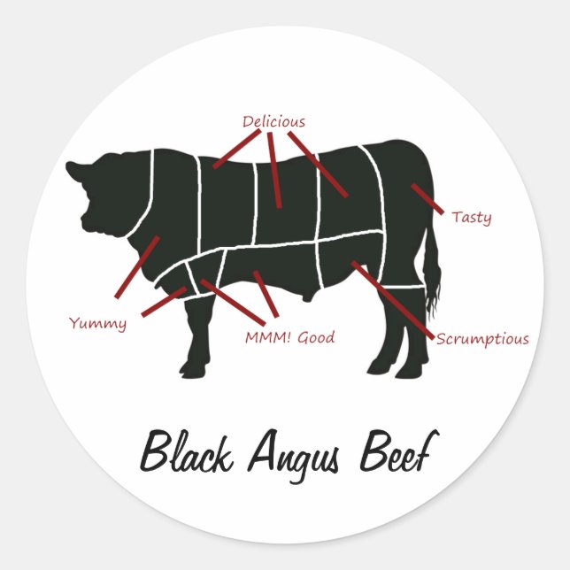 Black Angus Beef  Butcher Chart - Tasty Yummy Classic Round Sticker (Front)