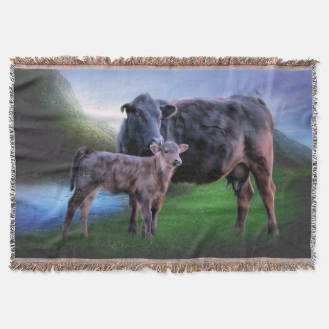 Black Angus Cow and Calf Throw Blanket (Front)