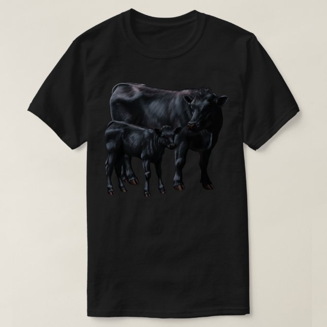 Black Angus Cow and Cute Calf 1 T-Shirt (Design Front)