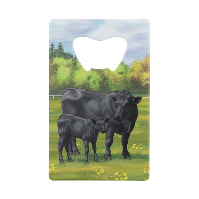 Black Angus Cow & Cute Calf in Summer Pasture (Front)