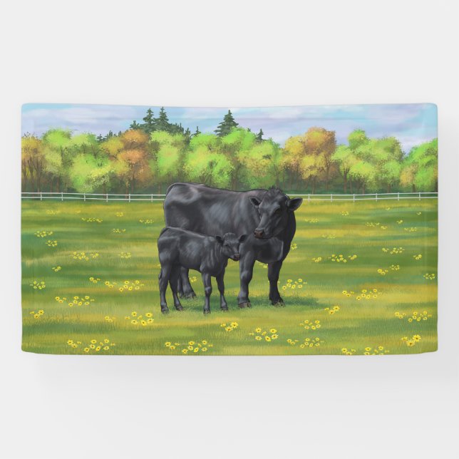 Black Angus Cow & Cute Calf in Summer Pasture Banner (Horizontal)