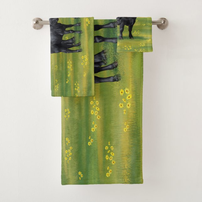 Black Angus Cow & Cute Calf in Summer Pasture Bath Towel Set (Insitu)