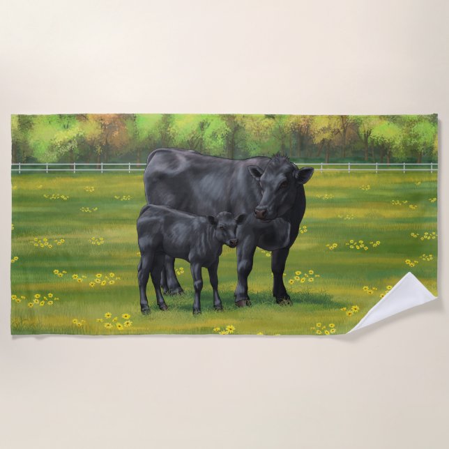 Black Angus Cow & Cute Calf in Summer Pasture Beach Towel (Front)