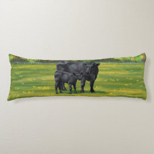 Black Angus Cow & Cute Calf in Summer Pasture Body Cushion