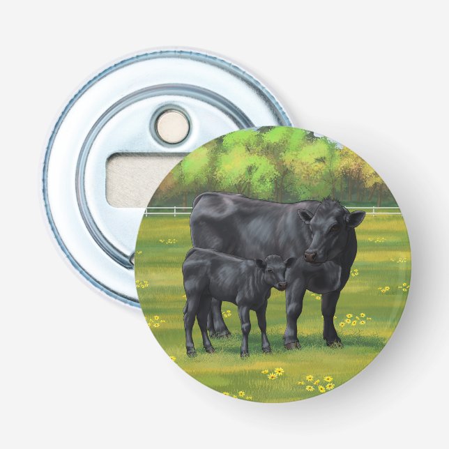 Black Angus Cow & Cute Calf in Summer Pasture Bottle Opener (Front)