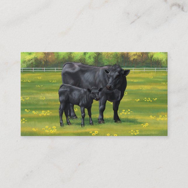 Black Angus Cow & Cute Calf in Summer Pasture Business Card (Front)