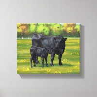 Black Angus Cow & Cute Calf in Summer Pasture