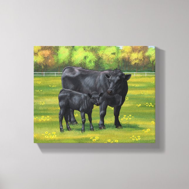 Black Angus Cow & Cute Calf in Summer Pasture Canvas Print (Front)