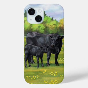 Black Angus Cow & Cute Calf in Summer Pasture iPhone 15 Case