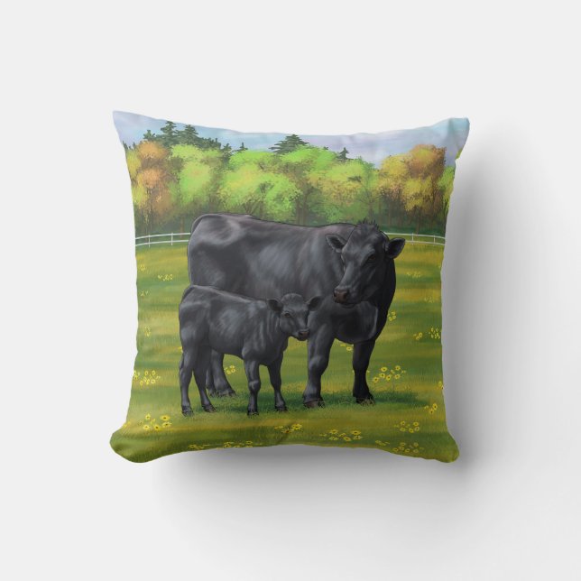 Black Angus Cow & Cute Calf in Summer Pasture Cushion (Front)
