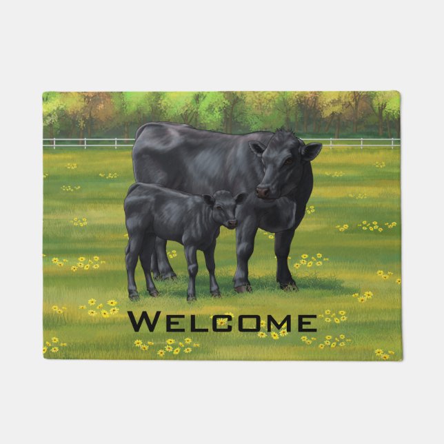 Black Angus Cow & Cute Calf in Summer Pasture Doormat (Front)