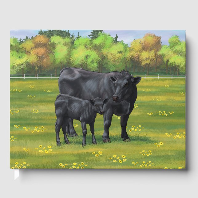 Black Angus Cow & Cute Calf in Summer Pasture Guest Book (Front)