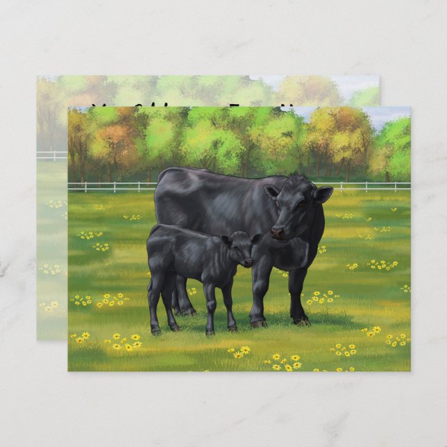 Black Angus Cow & Cute Calf in Summer Pasture Invitation (Front/Back)