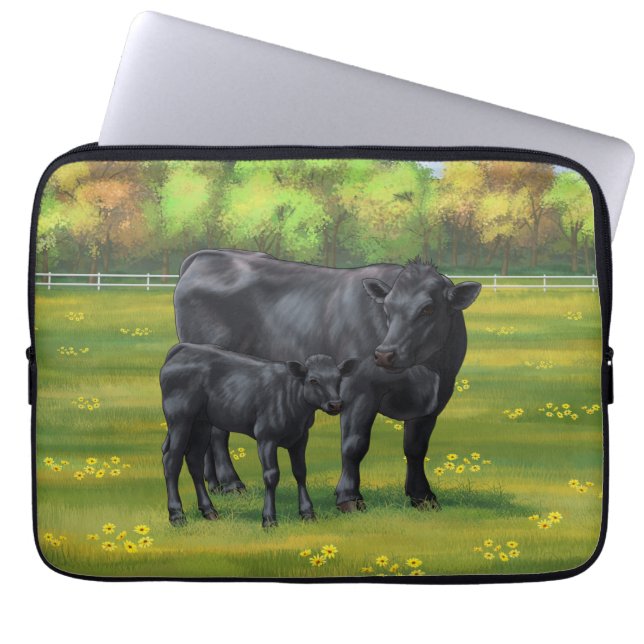 Black Angus Cow & Cute Calf in Summer Pasture Laptop Sleeve (Front)