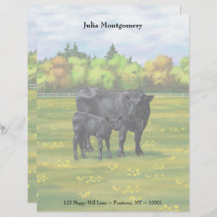 Black Angus Cow & Cute Calf in Summer Pasture Lett Custom Letterhead