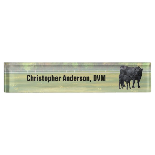 Black Angus Cow & Cute Calf in Summer Pasture Nameplate (Front)